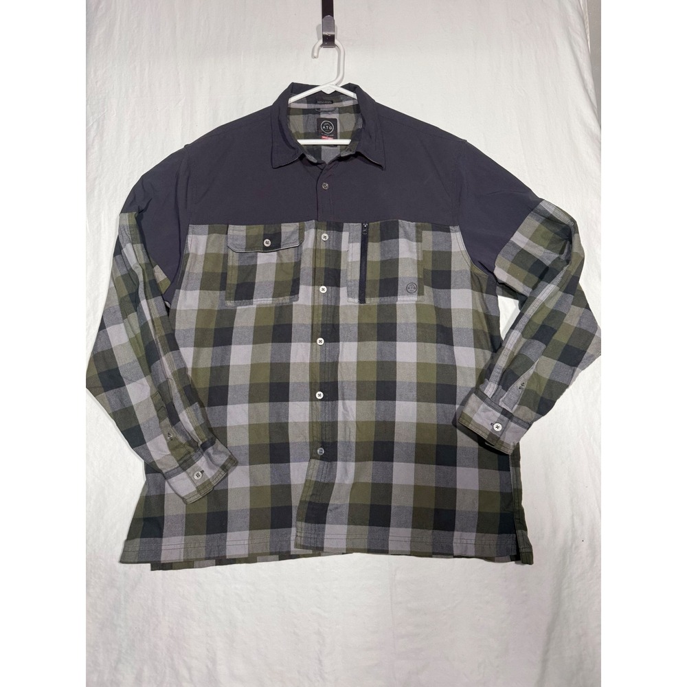 ATG Wrangler Mens XL Plaid Flannel Mixed Media Button Down Shirt Green Grey